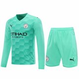 2020/2021 Manchester City Goalkeeper Green Long Sleeve Men's Soccer Jersey + Shorts Set
