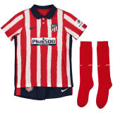 2020/2021 Atlético de Madrid Home Red&White Stripes Kids Soccer Jersey Whole Kit(Shirt + Short + Socks)